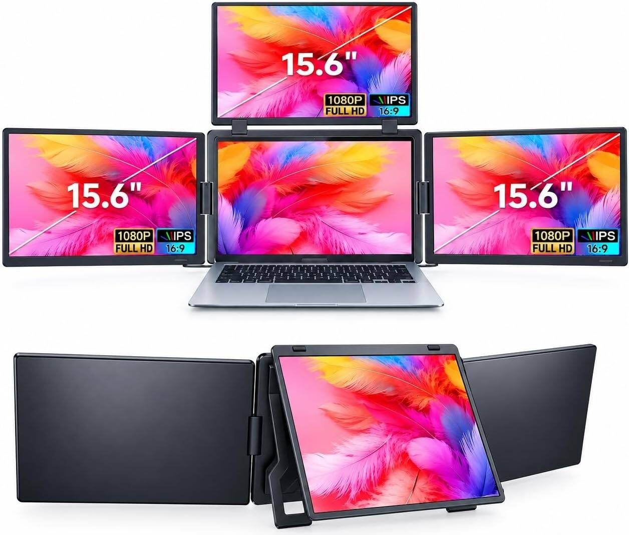 EpicArma S888 Pro Portable Quad-Screen Monitor for Laptop, 15.6-Inch FHD 1080P IPS Display Extender, Foldable Multi-Screen Workstation, USB-C and Mini HDMI, Black