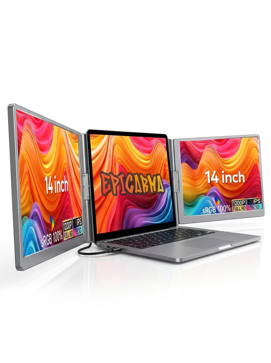EpicArma S688 Pro Portable Triple Monitor for Laptop, 14-Inch 1920 × 1200 IPS Dual Screen Extender, Foldable Display Station, USB-C and Mini HDMI, Gray