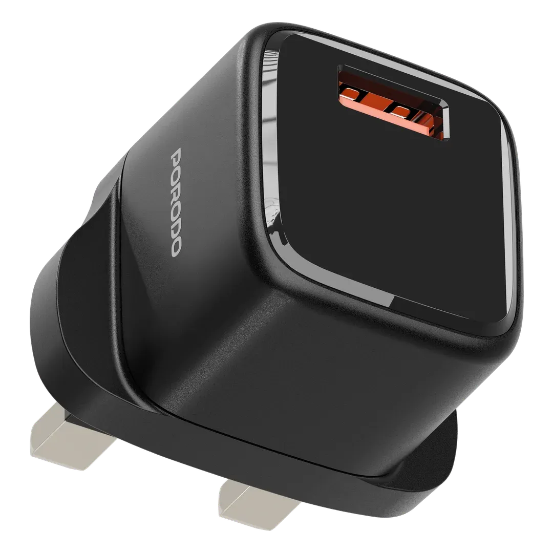 Porodo Viktor Series Dual Port Wall Charger 25W with USB-C to Lightning Cable, UK Plug, GaN III Technology, Black