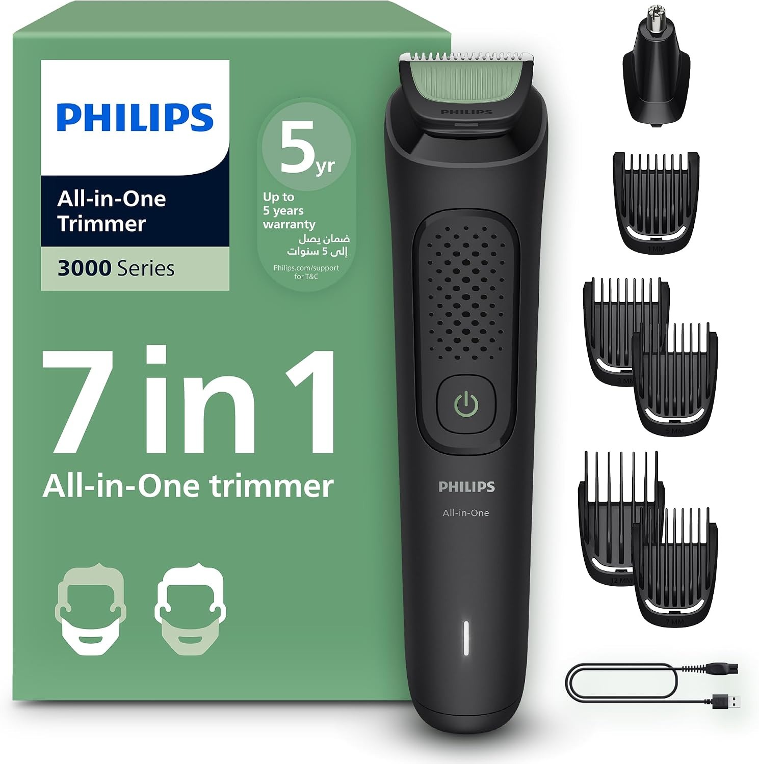 Philips All-in-One Trimmer MG3920/15 | 7-in-1 Beard, hair & nose trimming | 60 min cordless | USB-A charging | Washable parts