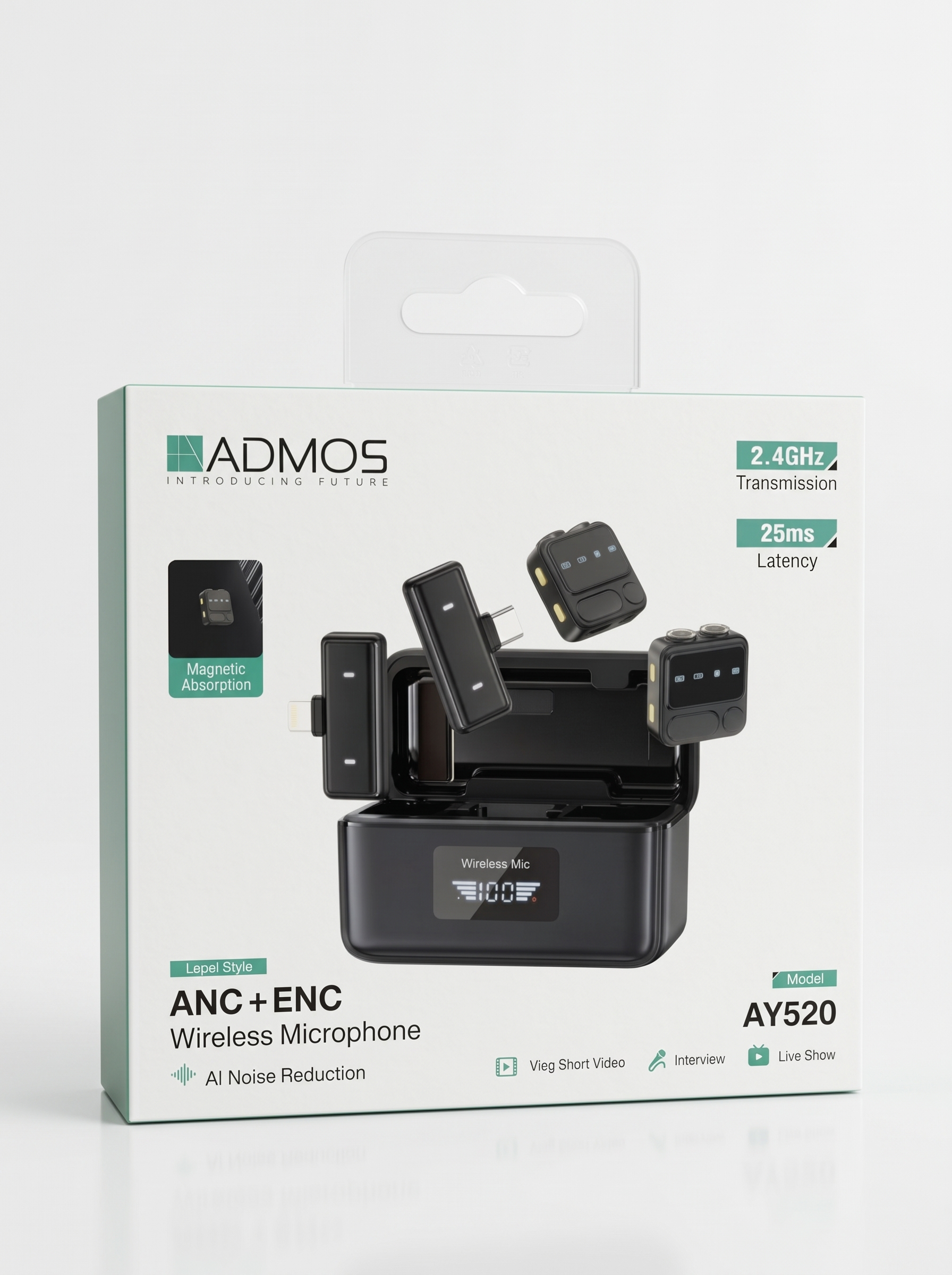 Admos AY520 Wireless Microphone System – Dual Lavalier Mics with Charging Case & Digital Display for Phones & Cameras