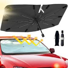 Green Lion Car Windshield Sun Shade, 140 x 79 cm, Umbrella Style, Retractable, UV Protection, with Carrying Pouch, Black