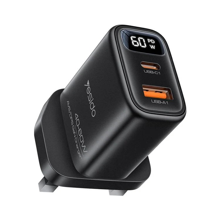 Yesido YC165 40-60W Dual Interface Digital Display Charger, UK Plug - Black