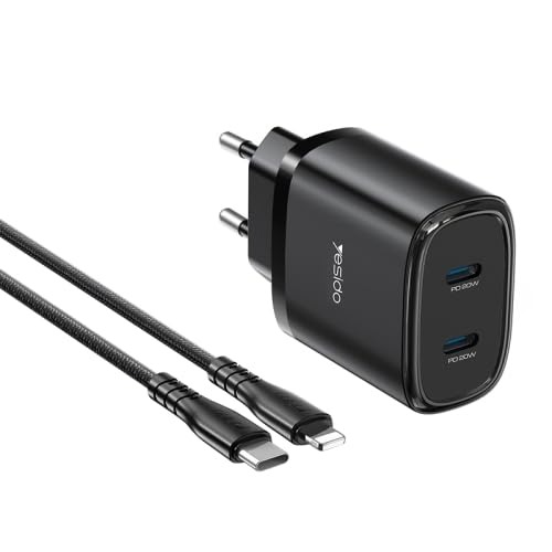 Yesido YC54 20W Dual Type-C Travel Charger with 1m Type-C to 8-Pin Cable – EU Plug, Black