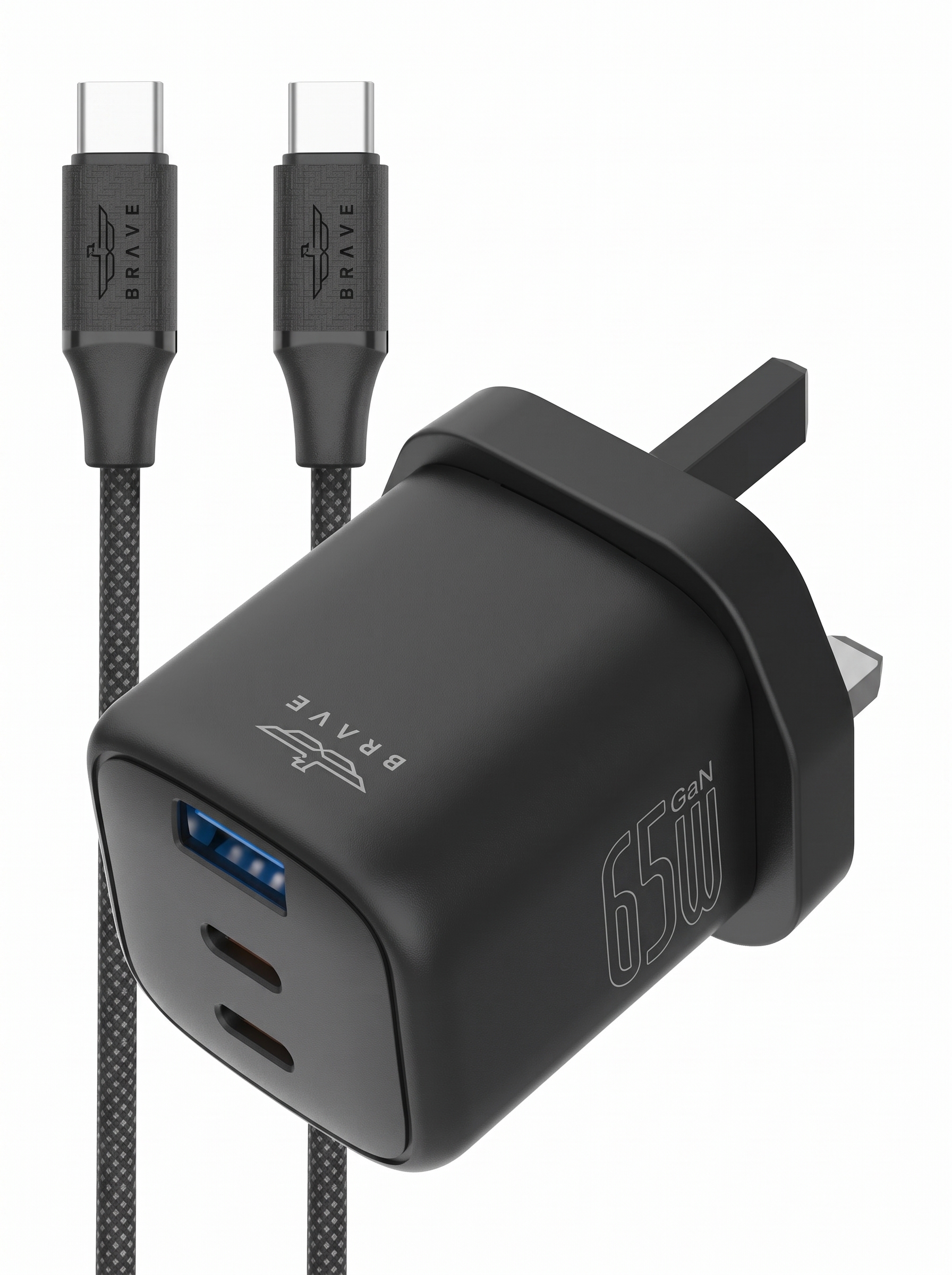BRAVE BTC-44 65W GaN 3-Port USB-C Fast Charger with 100W Type-C Cable - Black