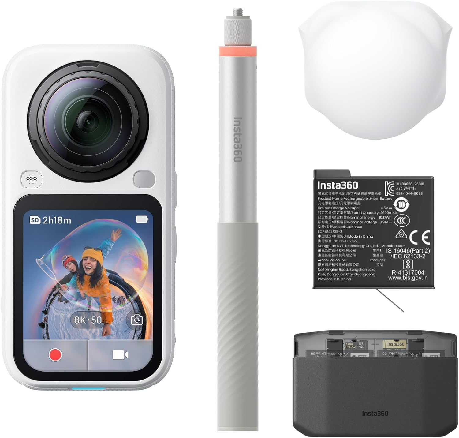 INSTA360 X6 360 Camera Essentials Bundle | 8K Camera + 2x Extreme Batteries + 114cm Invisible Sefie Stick + Lens Cap + Fast Charge Case + Pouch + USB-C Cable + Exteneded Warranty - Arctic White