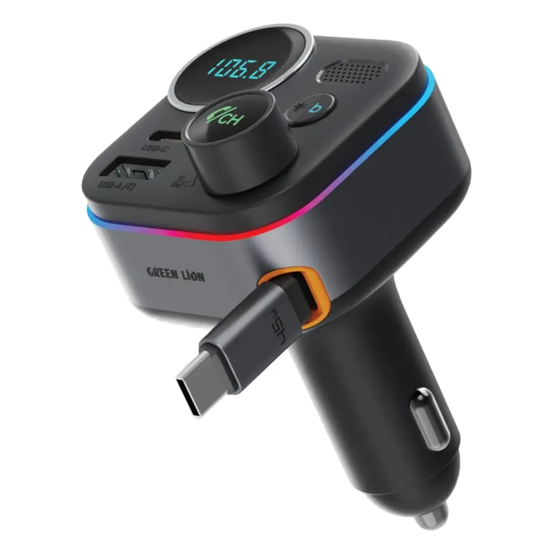 Green Lion GFM-2 Car FM Transmitter 72W with Bluetooth 5.4 & Retractable USB-C Cable