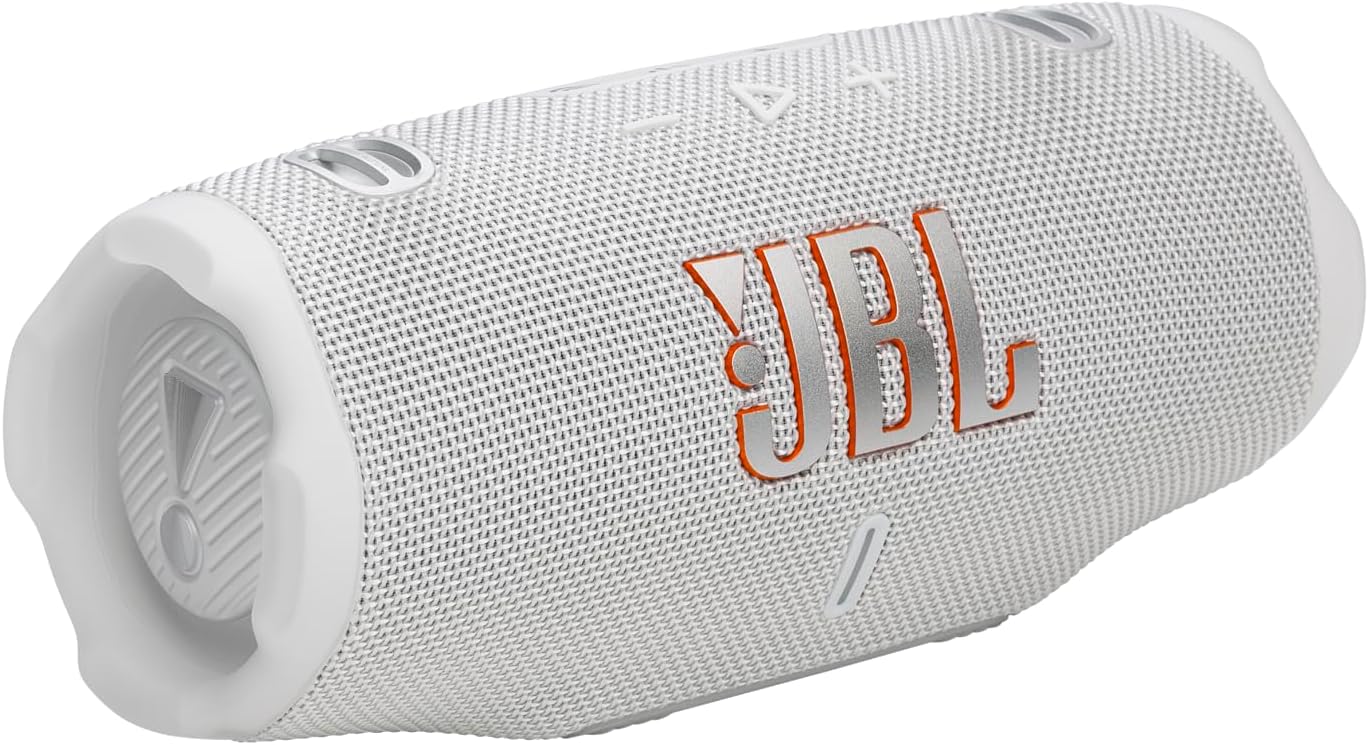 JBL Charge 6 - مكبر صوت بلوتوث محمول مقاوم للماء ومقاوم للسقوط مع بنك طاقة مدمج، واتصال متعدد السماعات عبر Auracast، ووقت تشغيل يصل إلى 28 ساعة، وشحن سريع، وصوت قوي - أبيض