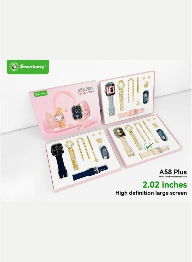 Smartbarry A58 Plus 7-in-1 Gold Colour Women Smartwatch Jewelry Gift Set – 2.02″ Bluetooth Calling Smartwatch with Extra Straps, Diamond-Style Ring, Bracelet, Earrings, Necklace & Charging Cable