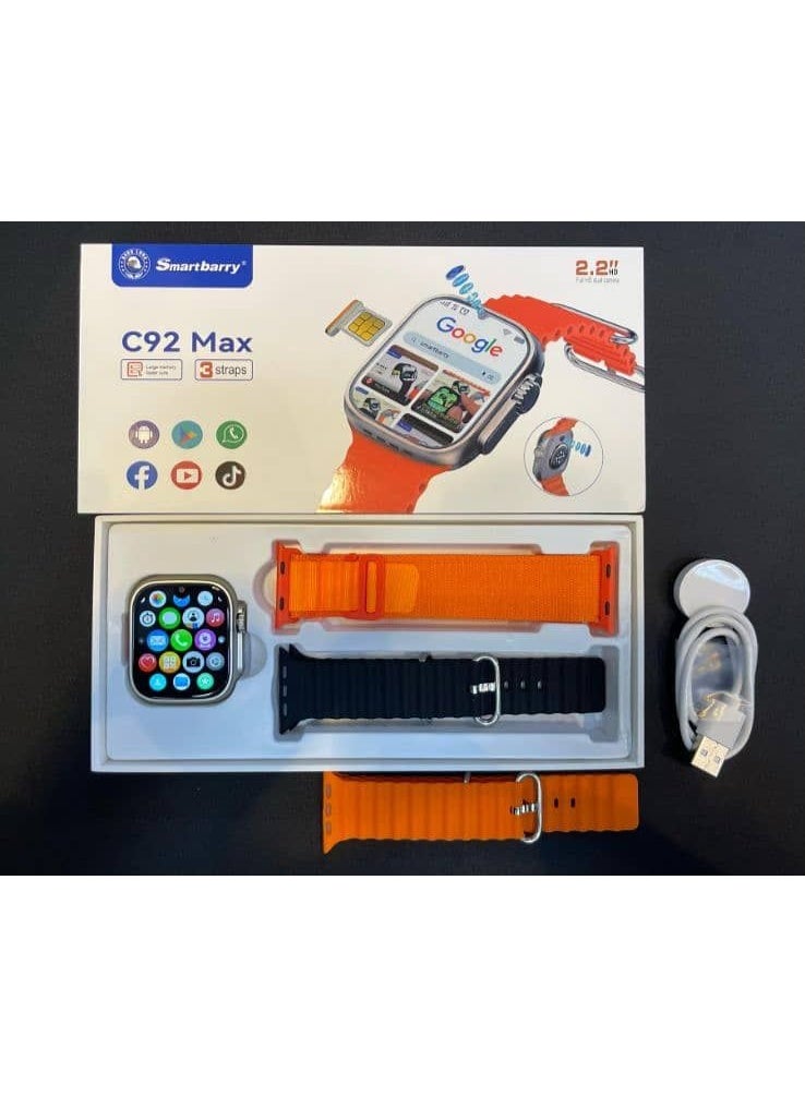 سمارت باري C92 ماكس ساعة ذكية أندرويد مع سيم وذاكرة وصول عشوائي 6 جيجابايت 64 جيجابايت ROM كاميرا دوارة 3 مجموعة حزام برتقالي