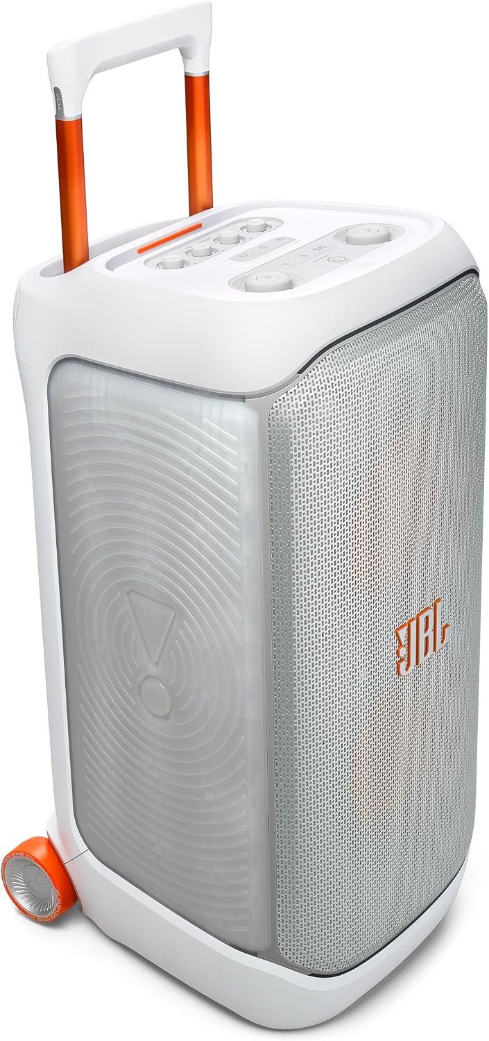 JBL PartyBox Stage 320 مكبر صوت بلوتوث محمول، 240 واط، 5.4 بلوتوث، 18 ساعة كحد أقصى من وقت التشغيل، مقاوم للرذاذ، مدخلات ميكروفون وجيتار مزدوجة، اتصال مكبر صوت متعدد، مع عجلات، أبيض