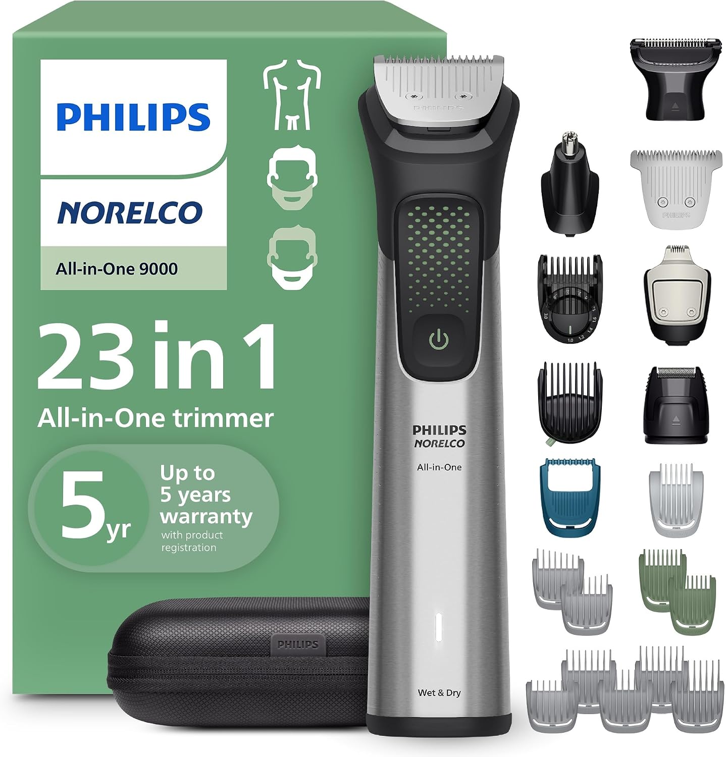Norelco Philips All-in-One 9000 Series 23-Piece Trimmer - Electric Shaver and Clipper for Face, Beard, Head and Body, Self-Sharpening Full Metal Blade, 29 Length Settings (0.5-16mm), MG9575/49