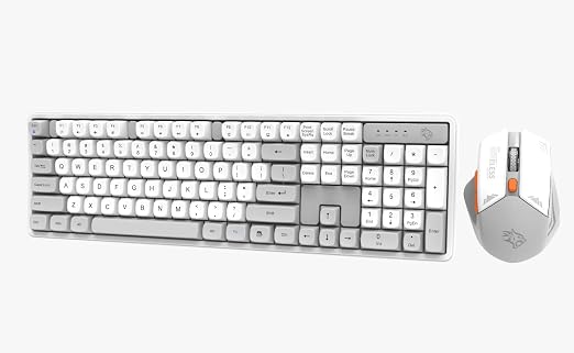 Porodo Gaming Design Wireless Keyboard and Mouse Set, 2.4GHz USB Nano Receiver Rechargeable Combo, 104 Tactile Keys Membrane Keyboard, 1600 DPI Adjustable Gaming Mouse, Windows, Mac & Linux Compatible - White / Grey