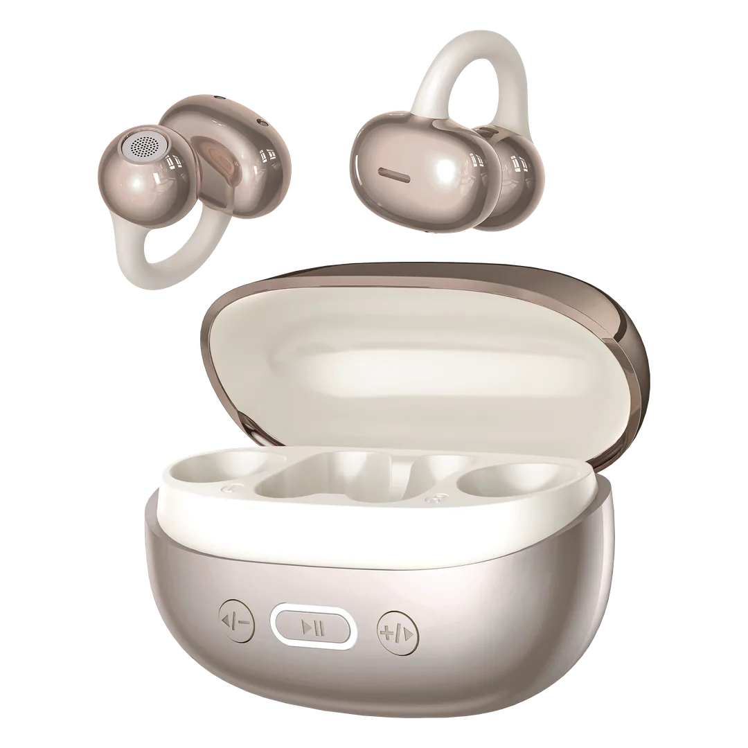 Porodo Soundtec Inova Open-Ear ENC Earbuds, Bluetooth Version 6.0 Wireless Clip-On Headphones, 10mm Graphene Titanium Drivers, Memory Alloy Ear Hooks, Up to 6 Hours Playtime with ABS Charging Case, IPX5 Water Resistant - Gold