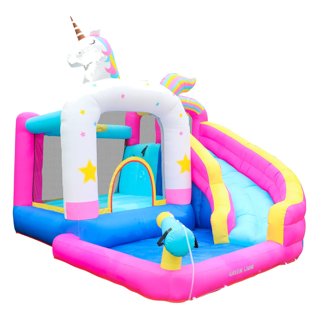 Green Lion Wonder Land Inflatable Bounce House GIP-12, Ultimate Unicorn Dreamland Inflatable Bouncy Castle Water Park with Slide, Trampoline, Splash Pool, Water Cannon & 450W Air Blower for Kids Aged 3-8 - Pink