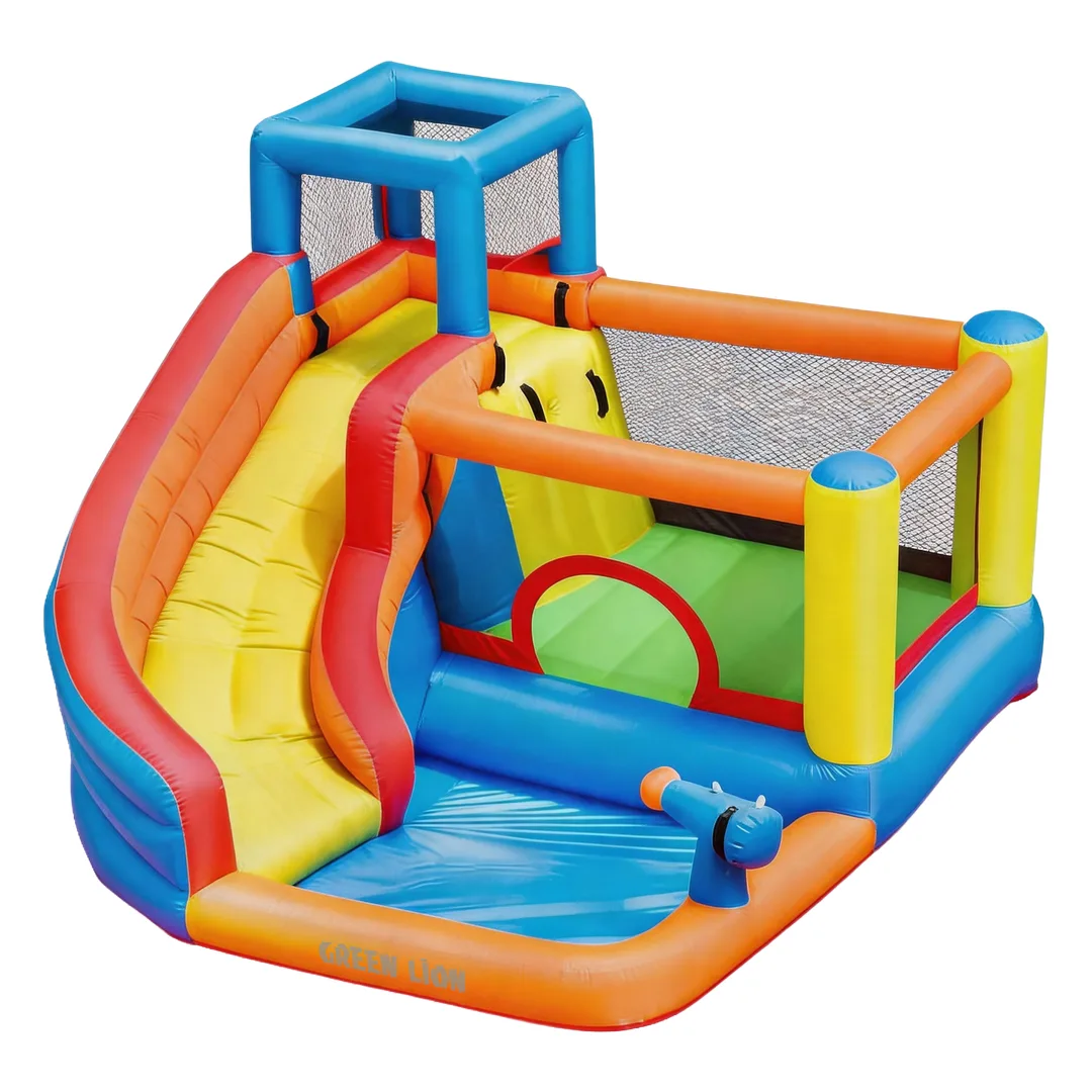 Green Lion Joy Land Inflatable Bounce House GIP-9, Heavy Duty Inflatable Bouncy Castle Water Park with Curved Water Slide, Trampoline, Splash Pool, Water Cannon & 450W Air Blower for Kids Aged 3-8 - Orange / Blue