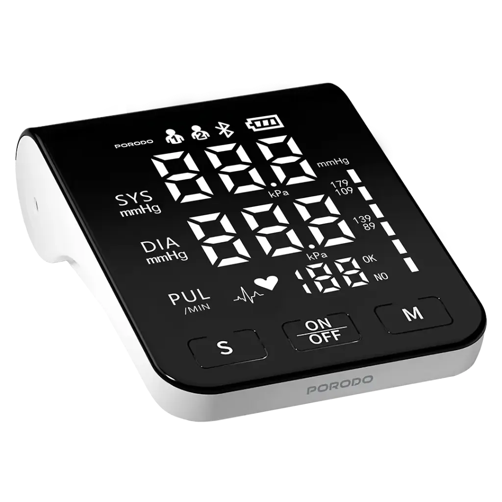 Porodo LiveOn Digital Upper Arm Blood Pressure Monitor, Rechargeable Intelligent BP Machine with High-Contrast LED HD Display, Dual-User Memory, Voice Guidance & Irregular Heartbeat Alert - White / Black Screen
