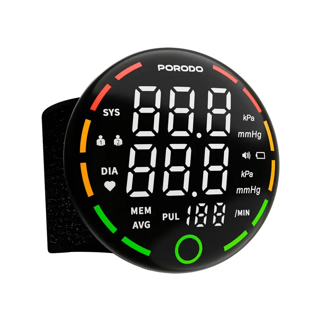 Porodo LiveOn Digital Wrist Blood Pressure Monitor, Portable Compact Wrist BP Machine with High-Contrast LED HD Display, Dual-User Memory, Voice Broadcast, One-Key Measure & Storage Bag - Black
