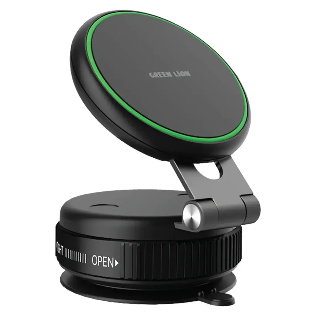 Green Lion GX-41 Suction Phone Holder, MagSafe Compatible Car Mount with Strong Vacuum Suction Cup, 17 Powerful N52 Magnets, 360° Rotation Folding Aluminum Alloy Arm, Universal Desktop & Dashboard Cradle - Black