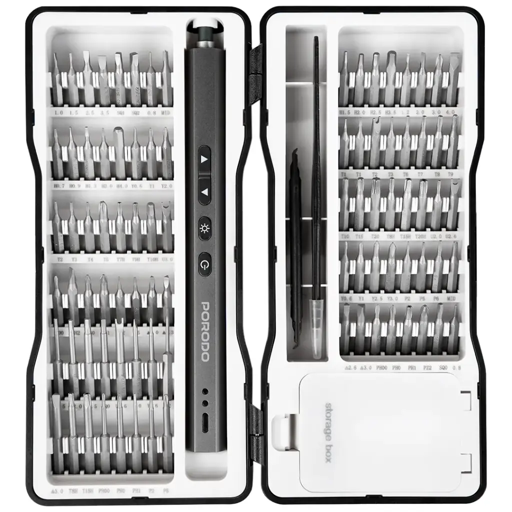 Porodo TechFix 97-in-1 Electric Screwdriver Kit, Precision Repair Tool Set with 88 S2 Steel Magnetic Bits, Built-In Triple LED Ring Light, 320mAh USB-C Rechargeable Battery, Organizer Storage Case - Black