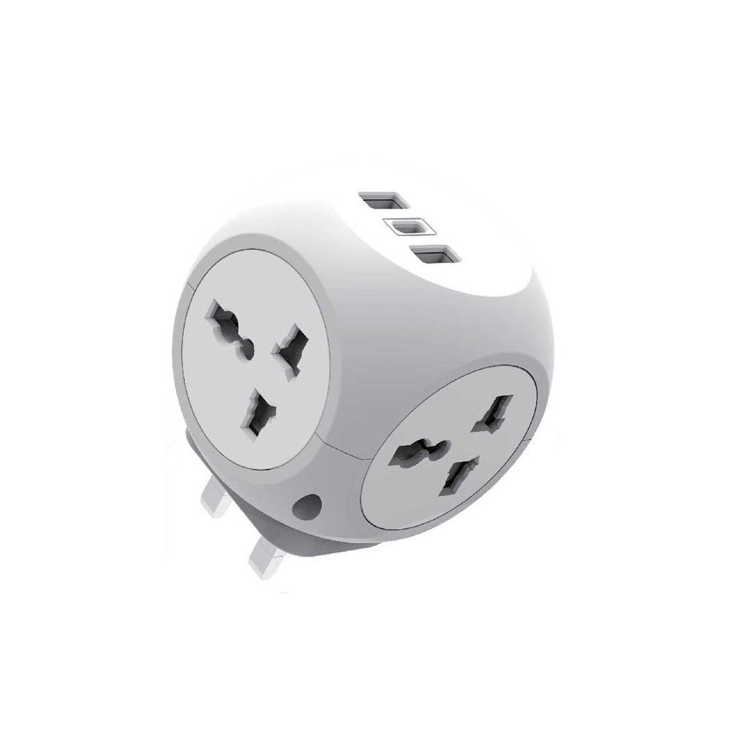 Green Lion Multi Port Travel Adapter, 3250W Heavy Duty Five-Side Power Extension Ball with 4 Universal AC Outlets & 3 USB Ports, 13A Rated Current, Child Safety Shutters, Multi-Device Power Cube - White
