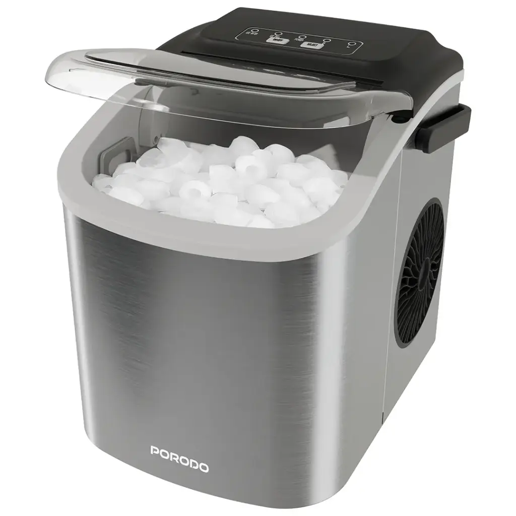 Porodo Lifestyle Instant Bullet Ice Maker with Transparent Lid, 1.2L Water Tank Capacity Countertop Ice Machine, 12kg Daily Output, 9 Bullet-Shaped Ice Cubes Per Cycle, Includes Ice Scoop - Silver