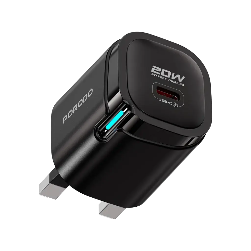 Porodo Tekto 20W PD USB-C Wall Adapter, Fast Charging Power Delivery Travel Adapter with Multi-Protection System, UK 3-Pin Plug Type, Compact Mobile Charger - Black