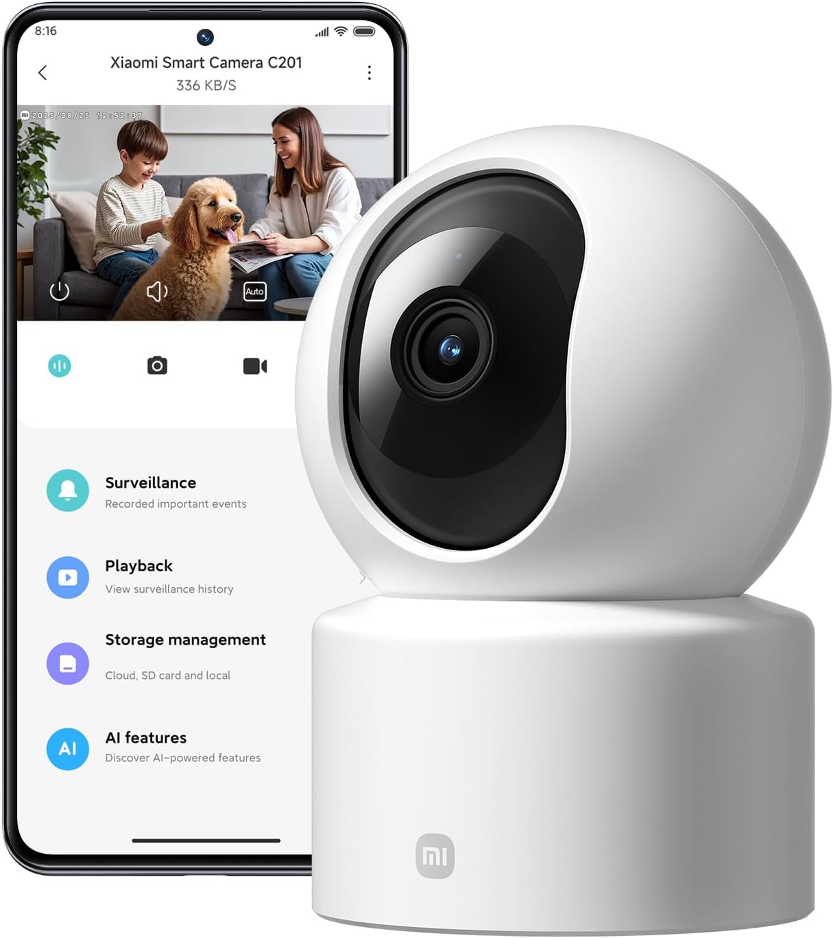 Xiaomi Smart Camera C201 360° Indoor Security Camera with Person & Pet Detection, Dynamic Tracking, Two-Way Audio, Night Vision, Alexa & Google Assistant – White