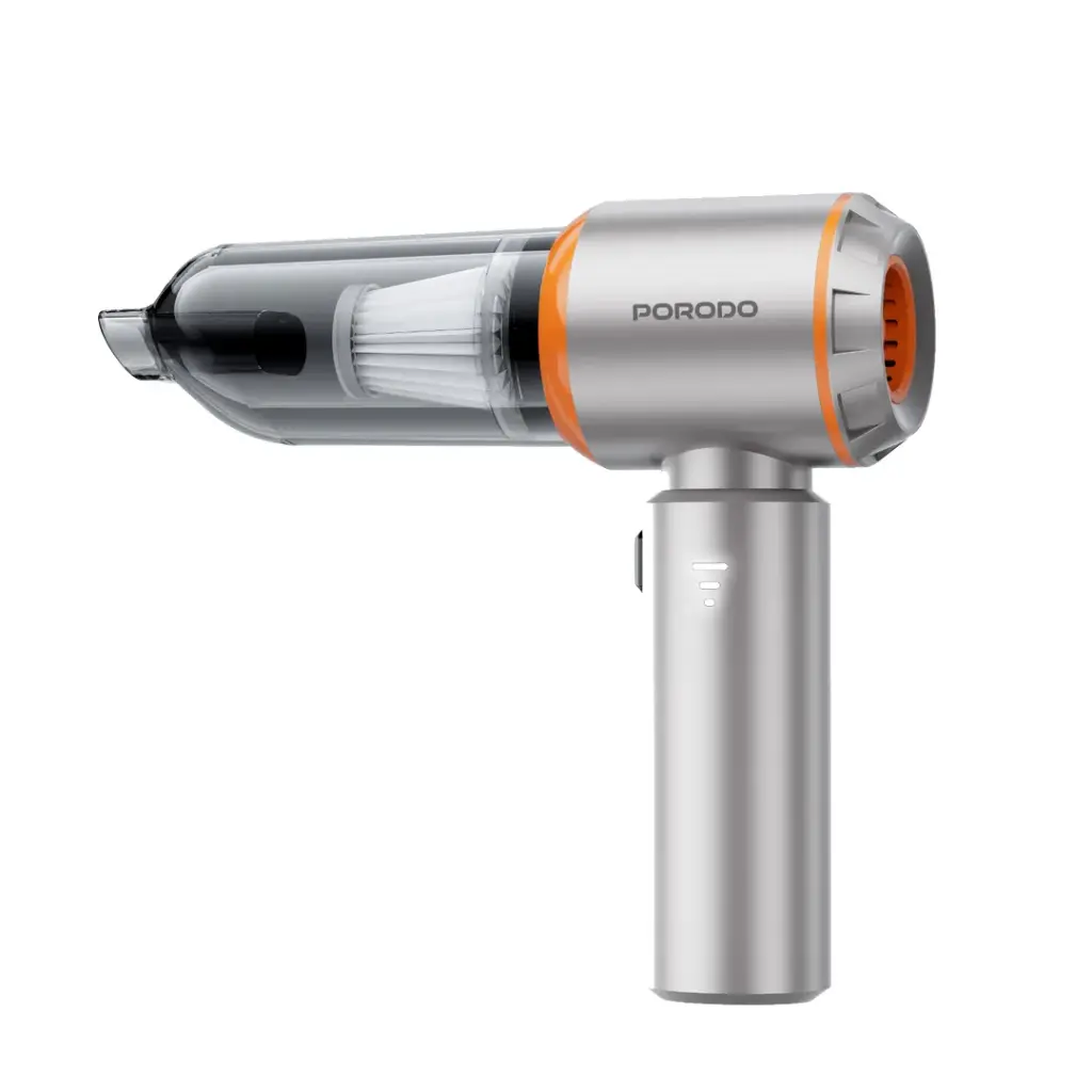 Porodo Lifestyle 2-in-1 Handheld Cordless Vacuum Cleaner & Air Duster, 15kPa Suction Power, 100W Brushless Motor, Built-in Vacuum Bin, Washable HEPA Filter - Silver/Grey