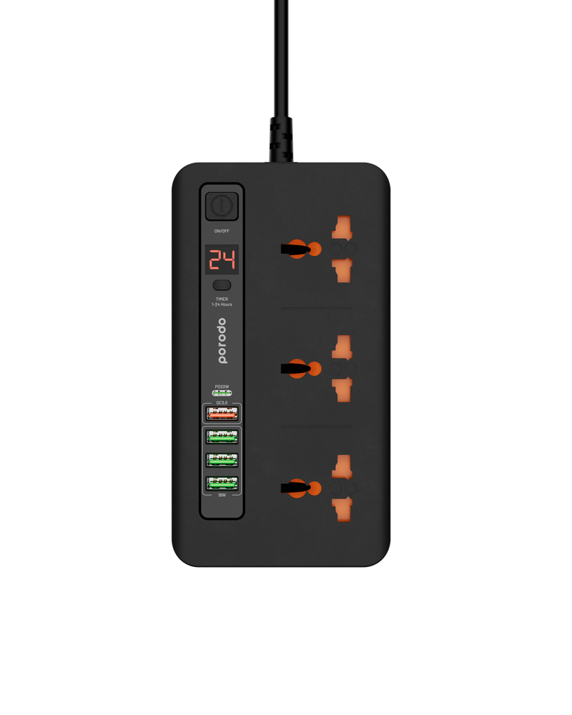 Porodo Multi-Port Power HUB Extension Socket, 3 AC Outlets with 4 USB-A & 1 USB-C PD 20W, QC 3.0 Fast Charging, 24H Digital Timer & 2m Power Cord - Black