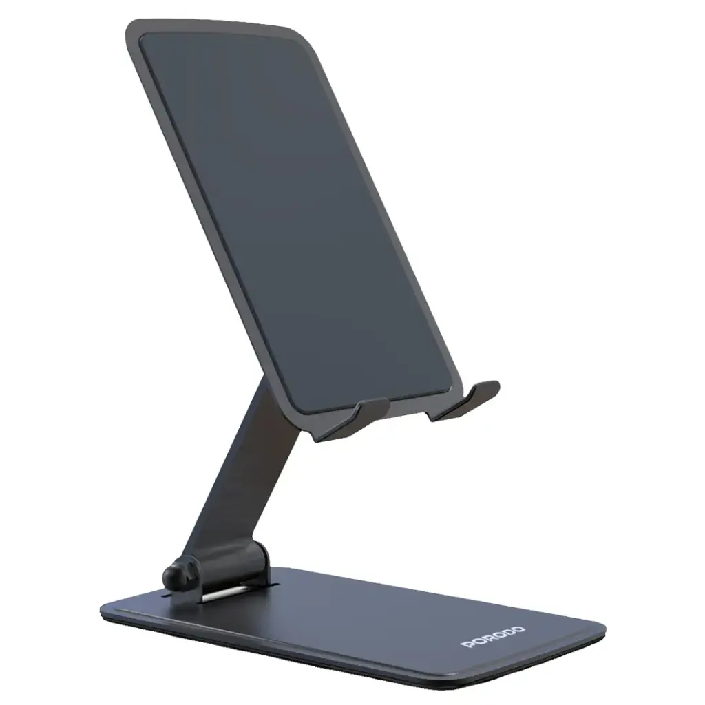 Porodo Foldable Desktop Stand for Mobile Phones & Tablets, Multi-Angle Adjustable Phone Holder with Anti-Slip Base, Fits Devices up to 10" - Gray