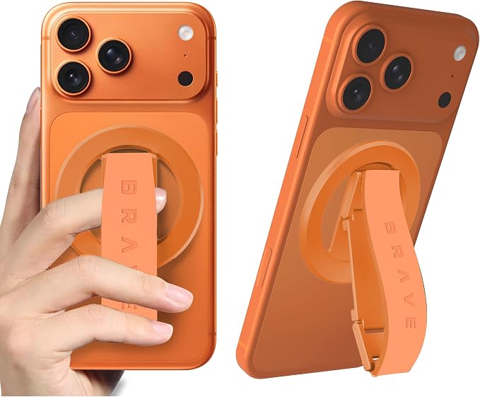 BRAVE MagGrip 3-in-1 Magnetic Phone Grip & Kickstand | 360° Rotatable Finger Strap | N55 MagSafe Compatible Ring Holder | Universal Mount for iPhone, Samsung & Android - Cosmic Orange (BG-01CO)