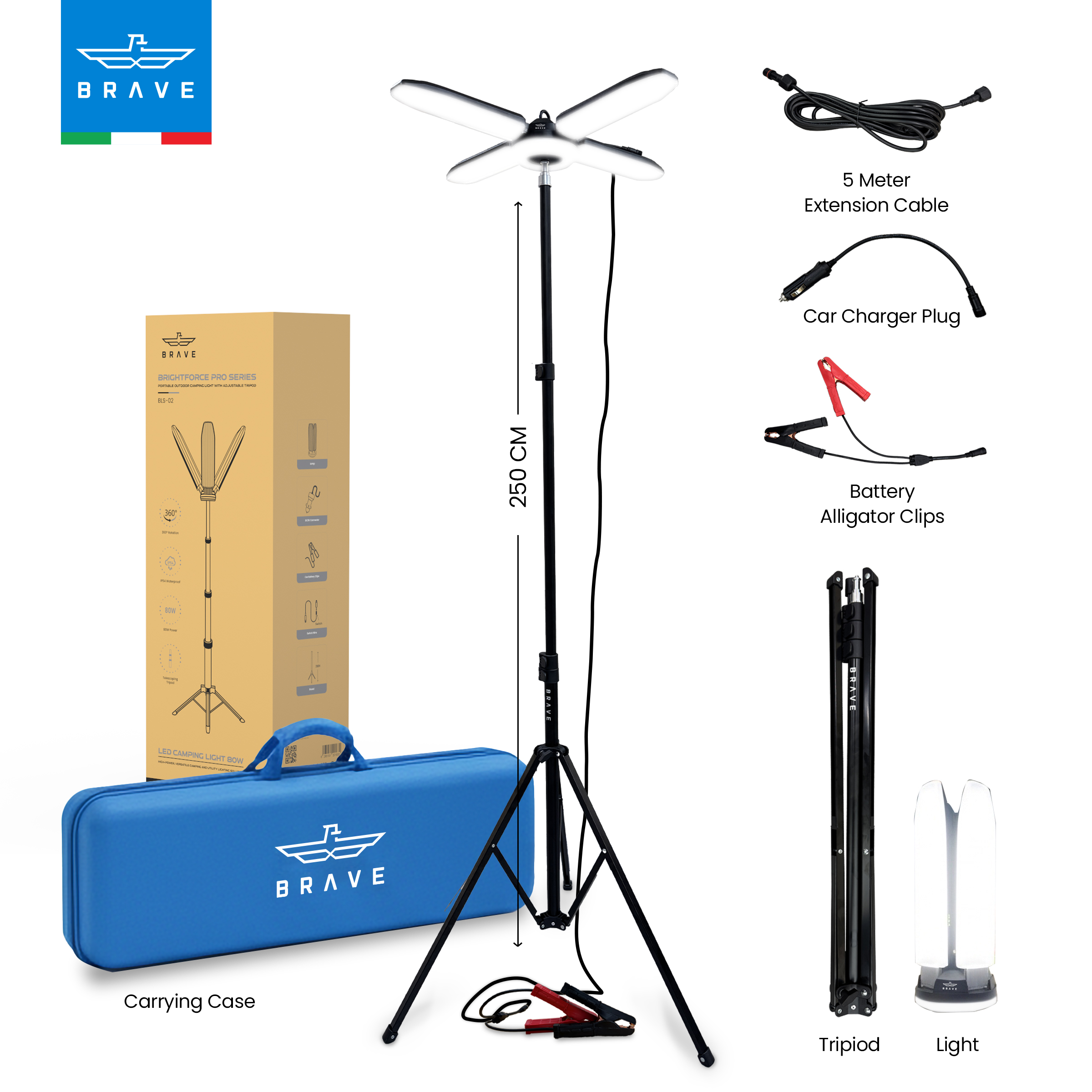 مصباح التخييم المحمول BRAVE BLS -02 BrightForce Pro 80W، مصباح LED قابل للطي 8000LM مع حامل ثلاثي القوائم بطول 2.5 متر، ومشبك بطارية ومصباح IP54 مقاوم للماء