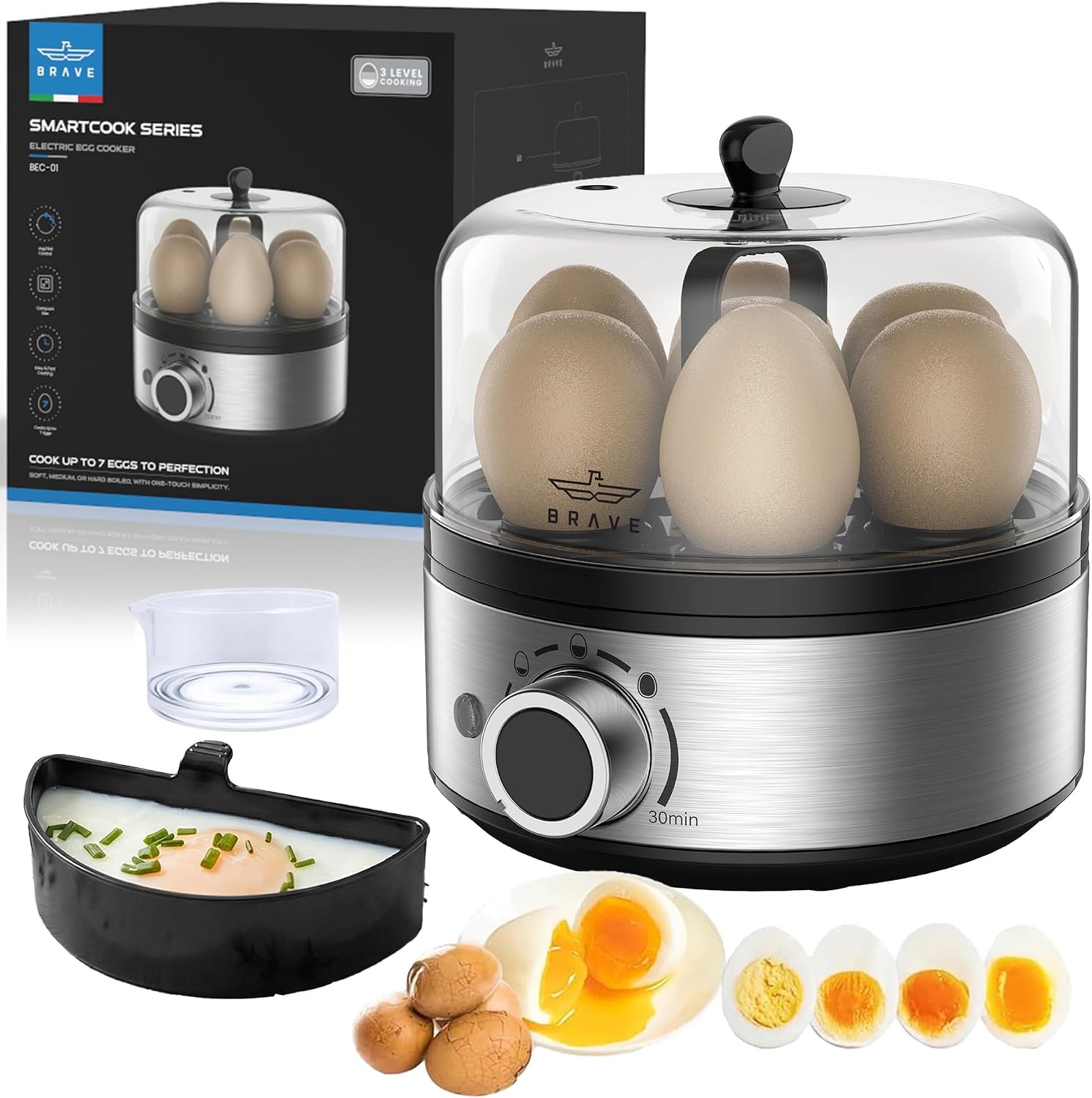 BRAVE Smart Electric Egg Cooker & Boiler 7-Egg Capacity with 400W Rapid Steam Heating, Precision Rotary Timer Dial, Auto Shut-Off & Ding Alert, Includes Steamed Custard Bowl, Measuring Cup & Piercer - Grey/Silver