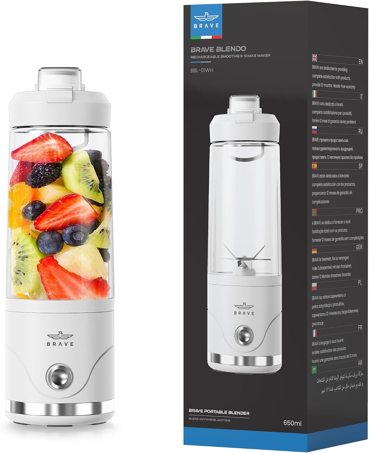 BRAVE Blendo Portable Blender 650ml (22oz) Personal Size Cordless Smoothie Maker with 75W Power & 20,000 RPM Motor, 6 Stainless Steel Blades for Ice Crushing, 4000mAh USB-C Rechargeable Battery & Leak-Proof Sip Lid - White, BBL-01