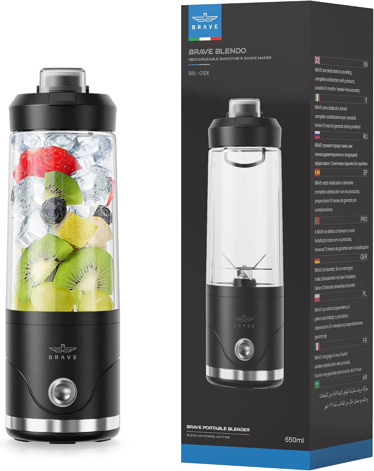 BRAVE Blendo 75W Portable Blender 650ml | 20000 RPM Powerful 6-Blade Ice Crusher & Smoothie Maker with Sip Lid | 4000mAh USB-C Rechargeable Personal Mixer | BPA-Free - Black (BBL-01BK)