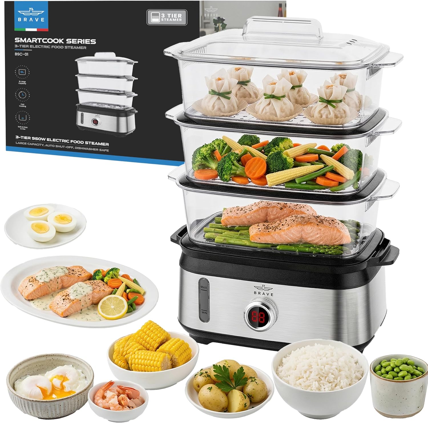 BRAVE Smartcook 9L 3-Tier Electric Food Steamer & Egg Cooker with 950W Rapid Steam Generator, Stackable BPA-Free Baskets, Baby Food Maker & Bottle Sterilizer, Auto Shut-Off & 60-Min Timer - BSC-01