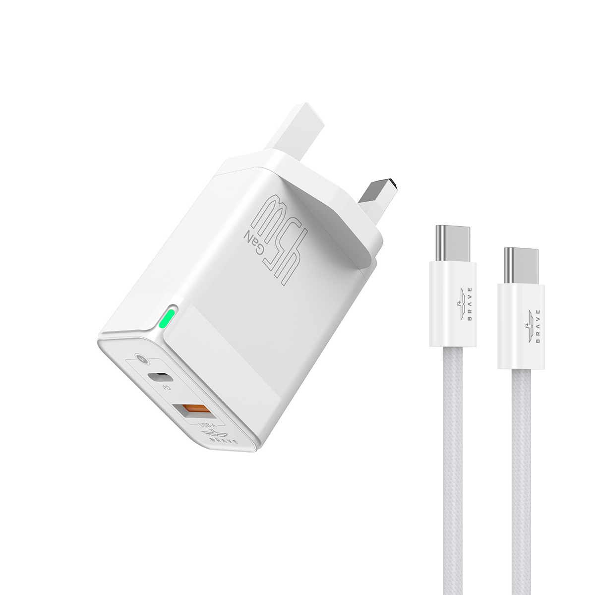 BRAVE BTC-39 45W GaN Fast Charger with 65W with Type-C Cable – Dual Port Type-C and USB-A - White