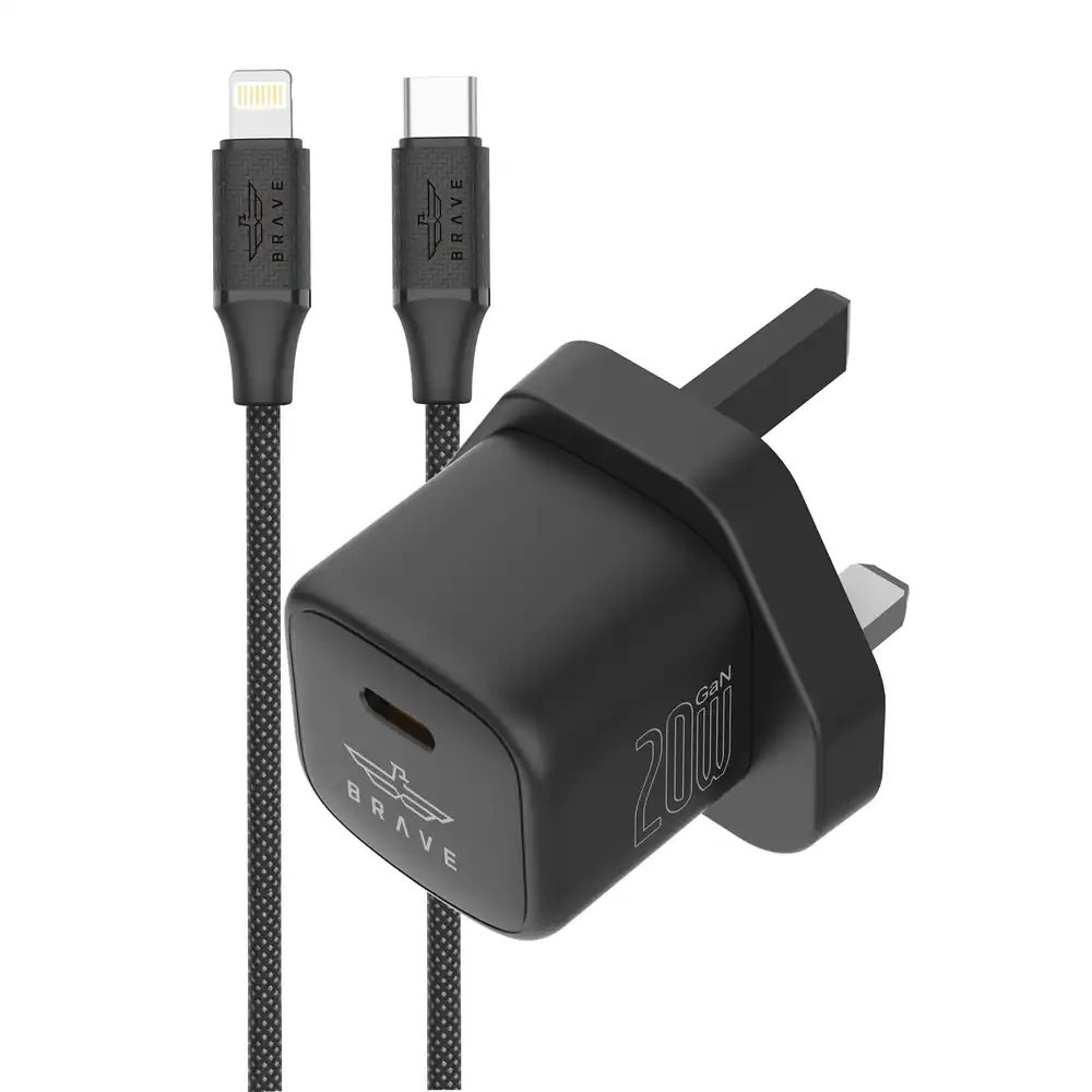 BRAVE BTC-41 20W GaN USB-C Wall Charger with 1M Braided Lightning Cable - Black