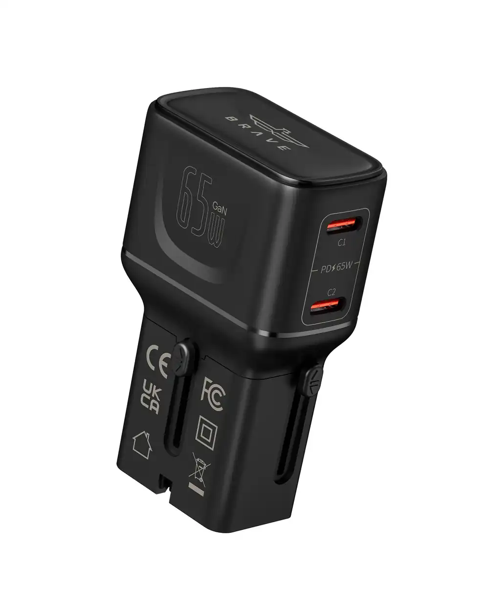 BRAVE BTC-49 65W GaN Universal Travel Adapter with Dual USB-C Ports, PD Fast Charging, Worldwide Plug for 200+ Countries - Black