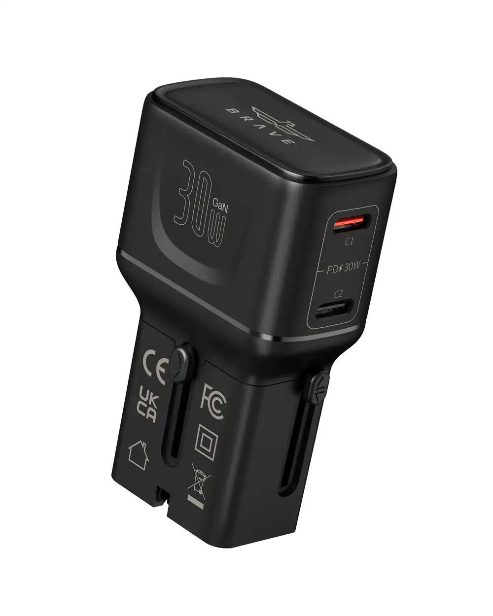 BRAVE BTC-48 30W GaN Universal Travel Adapter with 2 USB-C Ports, PD Fast Charging, Worldwide Plug for 200+ Countries - Black
