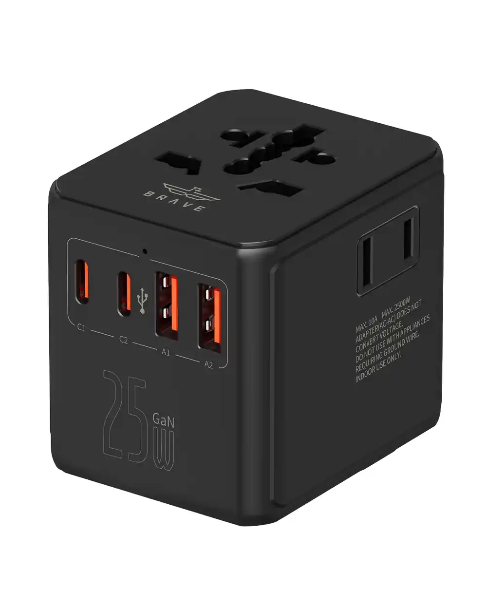 BRAVE BTC-47 25W GaN Universal Travel Adapter with 3 AC Sockets, 2 USB-C & 2 USB-A, 10A Fuse, Worldwide Plug for 200+ Countries