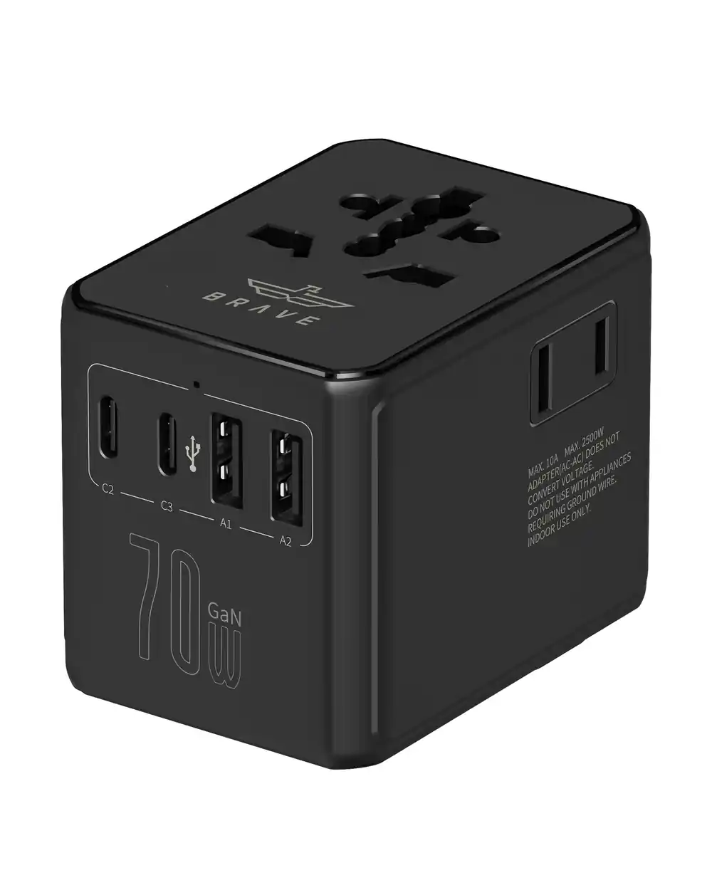 BRAVE BTC-46 70W GaN Universal Travel Adapter, 6-in-1 Charger with 3 USB-C, 2 USB-A, AC Socket, 10A Dual Fuse for 200+ Countries - Black