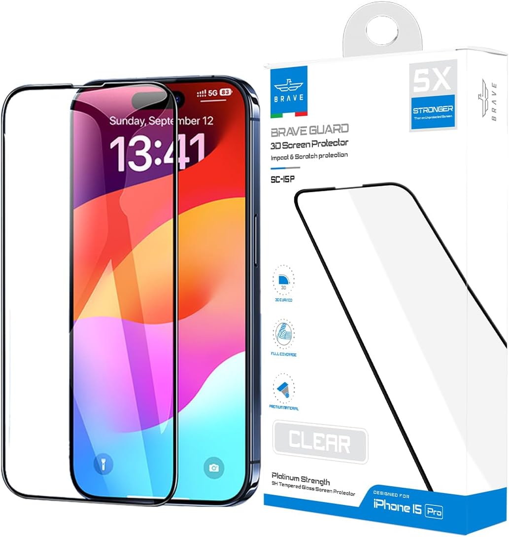 BRAVE Guard Ultra HD Clear Tempered Glass Screen Protector for iPhone 15 Pro (6.1-Inch), 9H Hardness, Full Coverage Impact & Scratch Protection Film