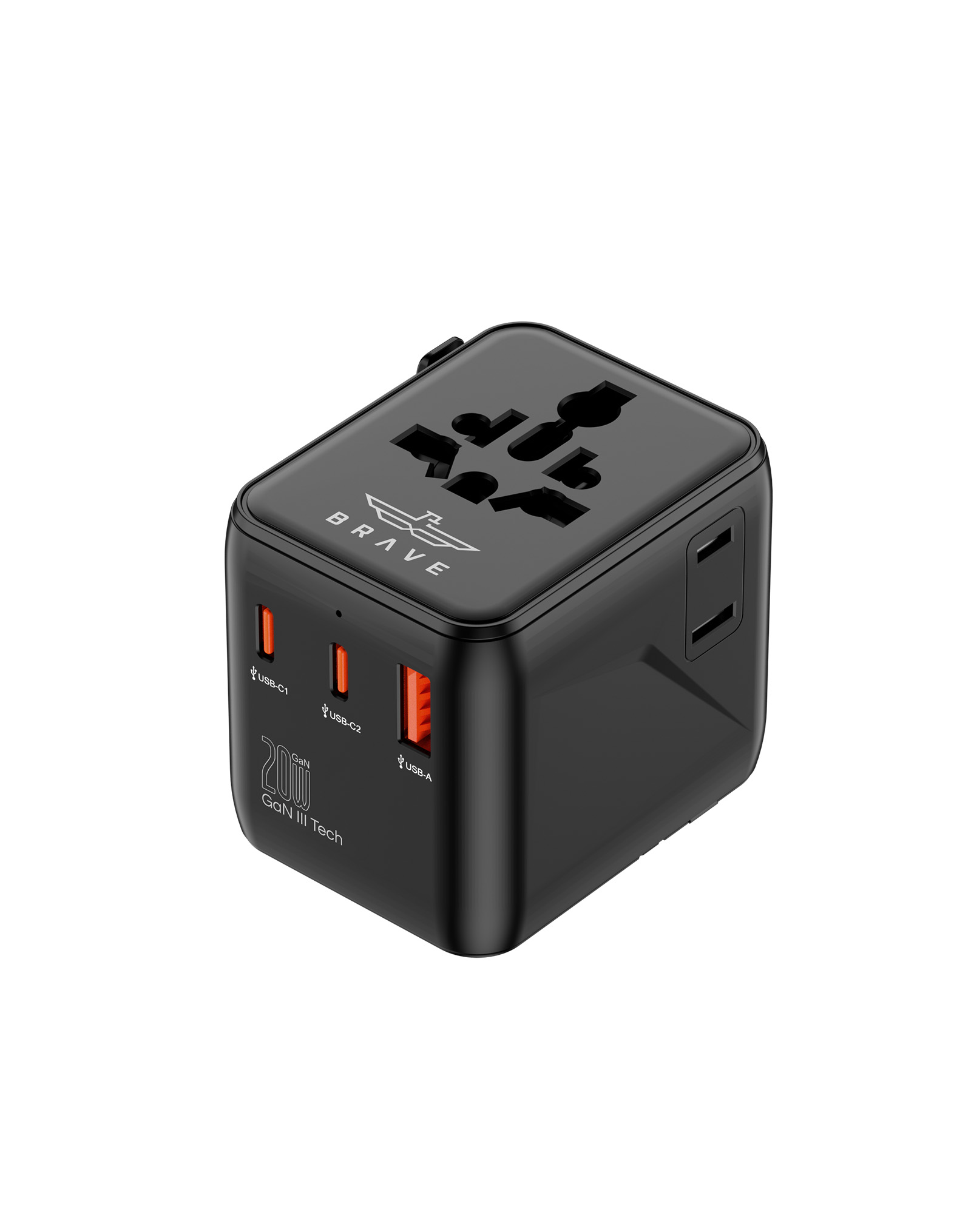 BRAVE BTC-40 20W GaN III Universal Travel Charger with 2 USB-C, 1 USB-A, Global Plug Adapter for 200+ Countries - Black