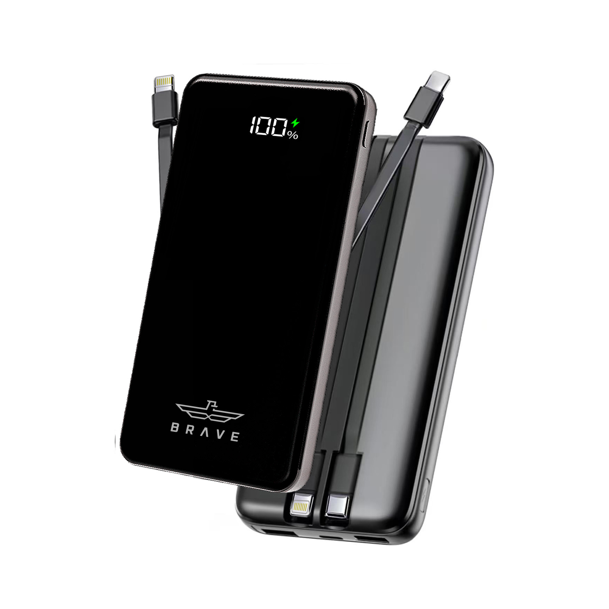BRAVE 12000mAh Power Bank with 22.5W Fast Charging, Built-in USB-C & Lightning Cables, LED Display, Dual Output, Compact Design
