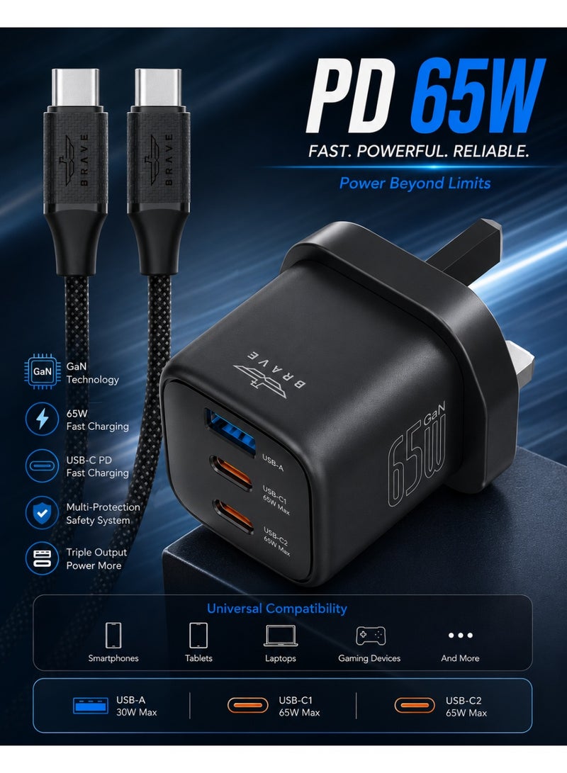 BRAVE BTC-44 65W GaN 3-Port USB-C Fast Charger with 100W Type-C Cable - Black