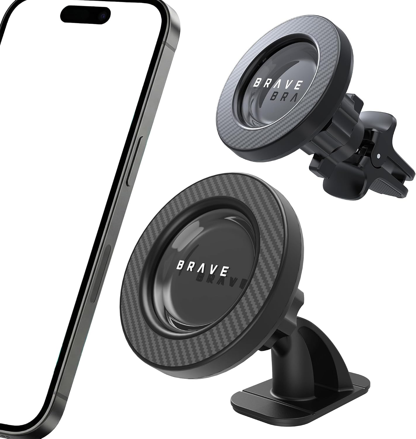 BRAVE 2-in-1 Magnetic Car Phone Holder | MagSafe Compatible Dashboard, Console & Air Vent Mount | N55 Strong Magnet, 360° Rotation Hands, Heavy-Duty 3M Self-Adhesive Base & Vent Clip - Black (BHL-61)