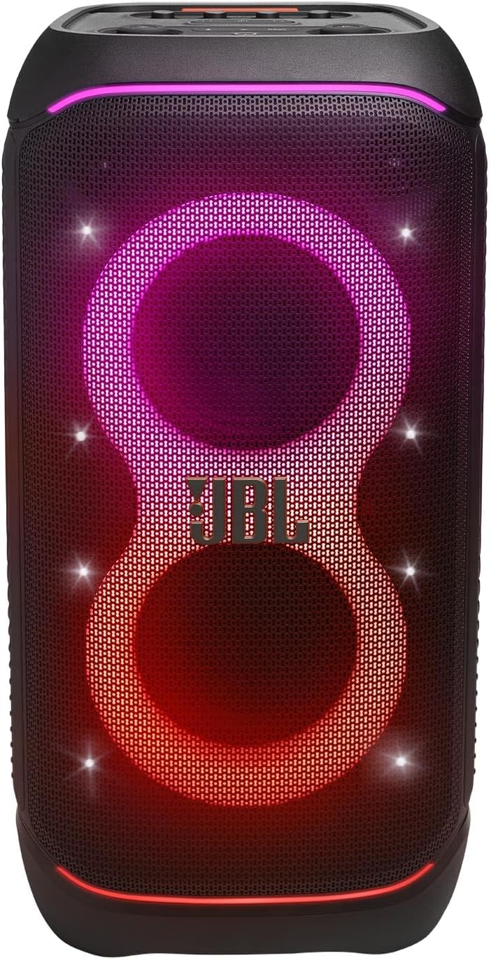 JBL PartyBox Stage 320 Portable Bluetooth Speaker, 240W, 5.4 Bluetooth, 18 Hours Max Playing Time, Splash Proof, Dual Mic & Guitar Inputs, Multi Speaker Connection, With Wheels, Black
