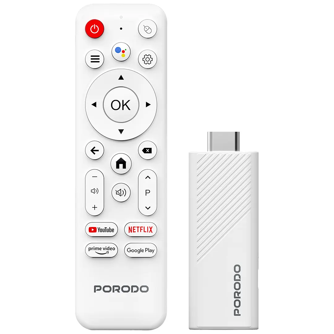 Porodo 4K Smart TV Stick مع Android و Google Assistant والتحكم الصوتي – أبيض